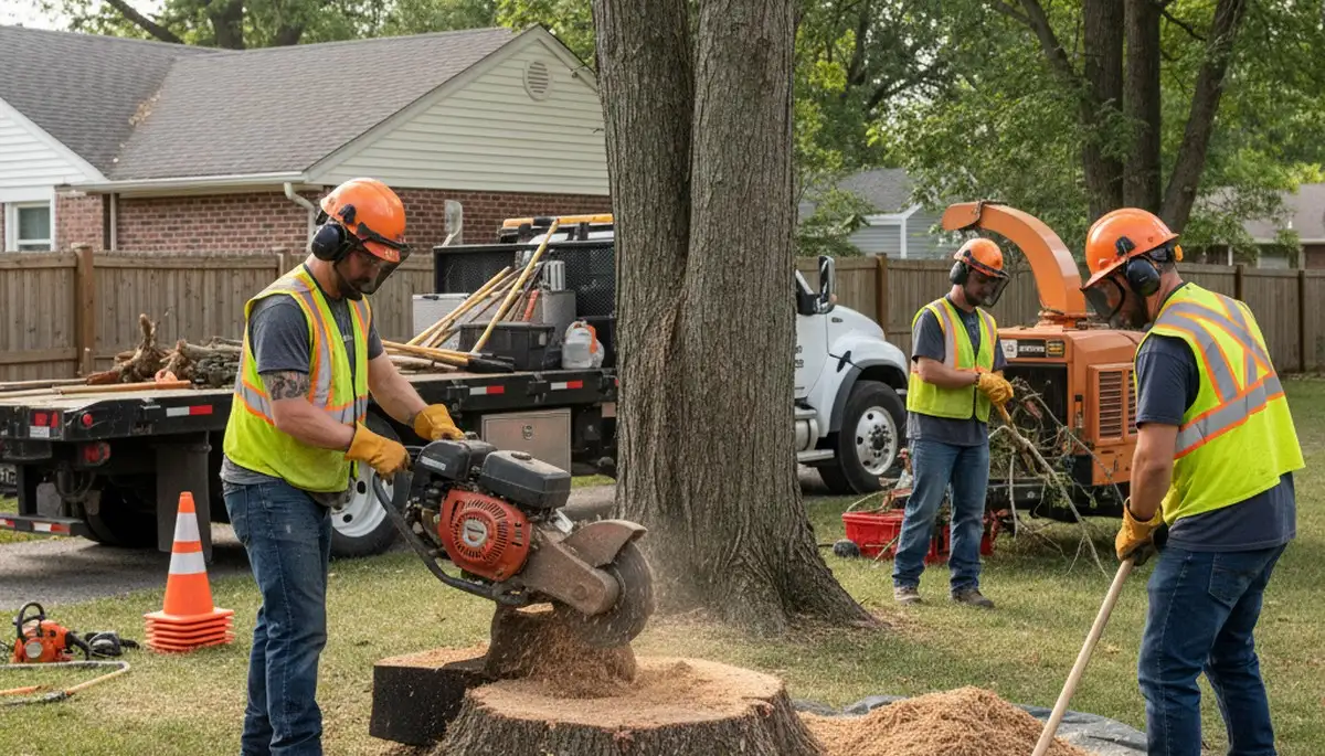 Stump removal crew clearing a stump in Oshkosh, WI for safe, fast tree service cleanup
