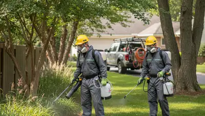 Tick control technician treating a yard in Oshkosh, WI to reduce tick risks near homes and wooded areas