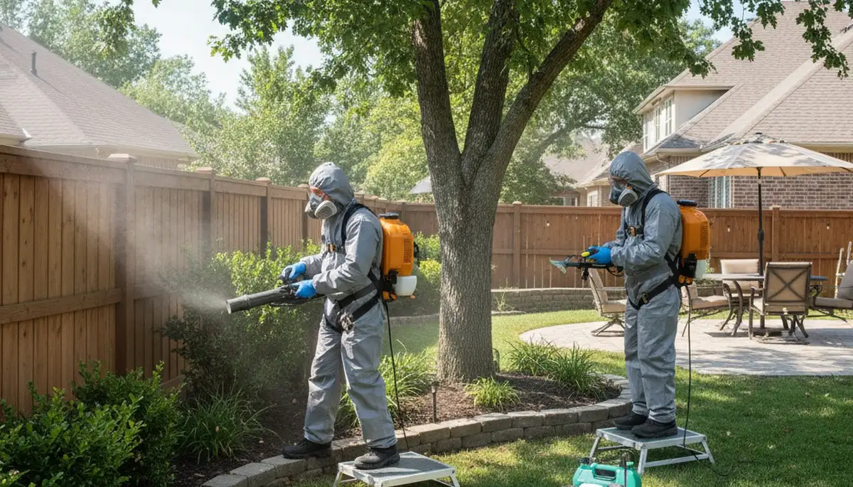 Tick control treatment crew protecting Oshkosh, WI yards from ticks near homes, pets, and woods