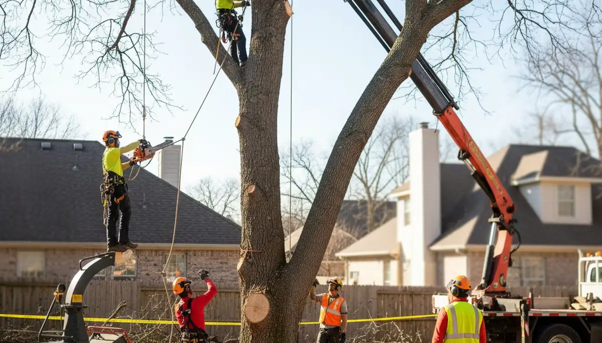 Tree service crew removing a hazardous tree in Oshkosh, WI for safe, efficient tree removal