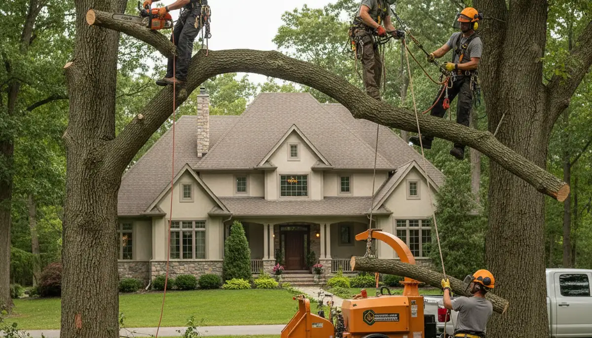 Tree service crew removing a tree in Oshkosh, WI for safe residential property clearance