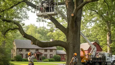 Tree service crew removing a tree in Oshkosh, WI for safe residential property clearance